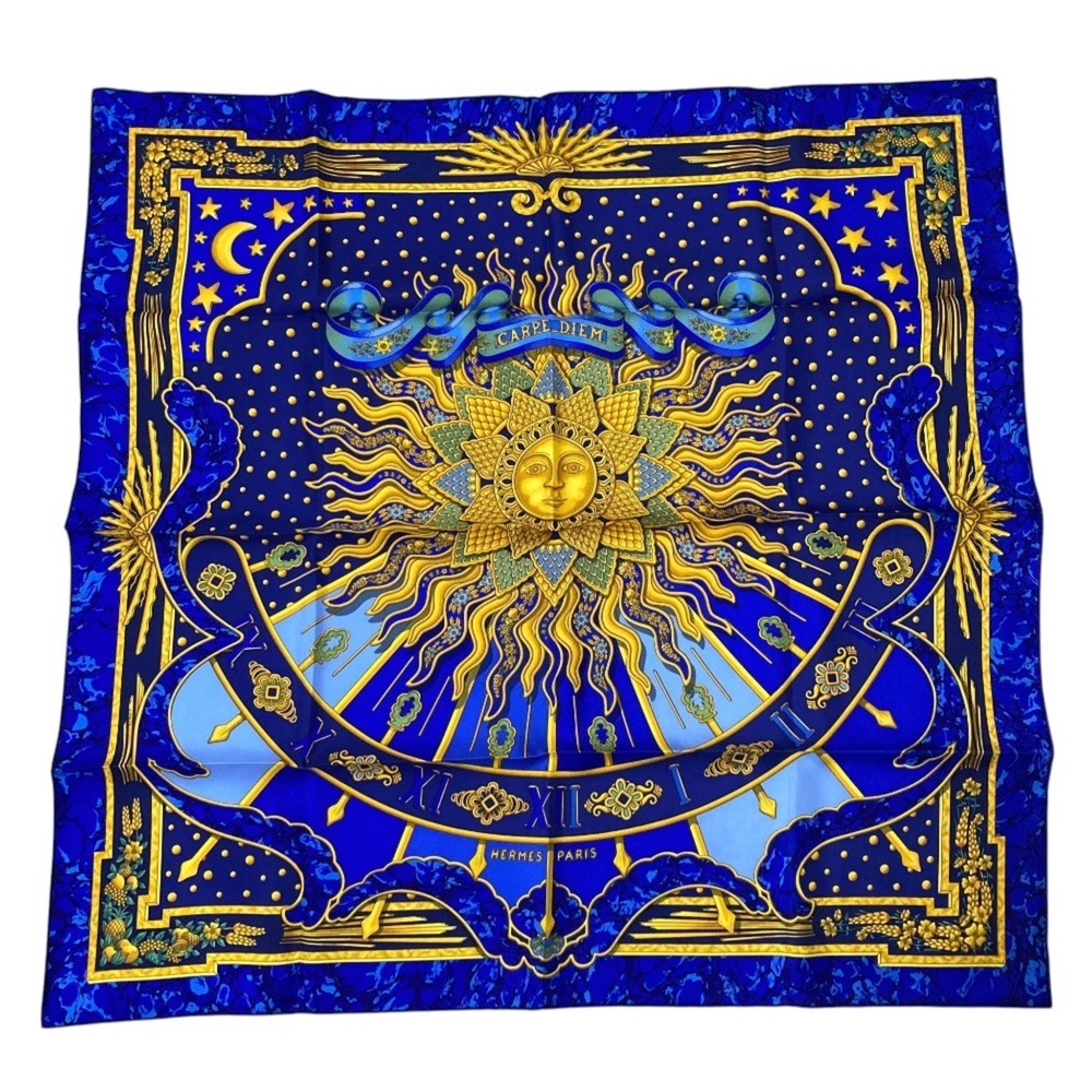 HERMES Carre 90 CARPE DIEM Enjoy Today Silk Scarf Stole Blue x Multicolor Wom... - Picture 1 of 11